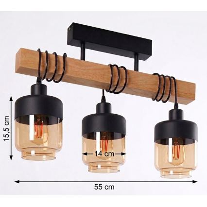 Brilagi - Felületre szerelhető csillár WOOD GLASS 3xE27/60W/230V fenyő/fekete/füstbarna