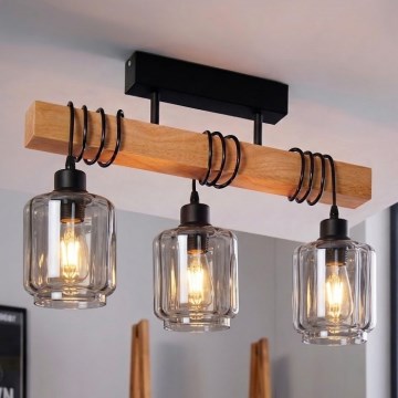 Brilagi - Felületre szerelt csillár WOOD GLASS 3xE27/60W/230V fenyő/fekete/füstös bézs