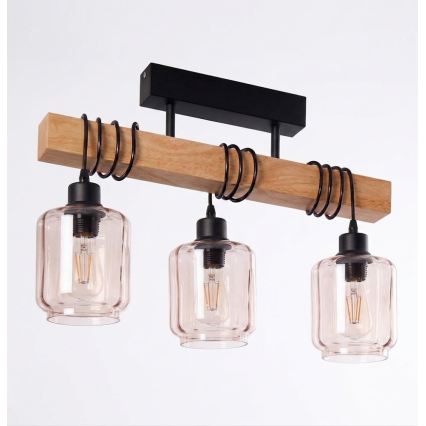 Brilagi - Felületre szerelt csillár WOOD GLASS 3xE27/60W/230V fenyő/fekete/füstös bézs