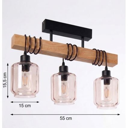 Brilagi - Felületre szerelt csillár WOOD GLASS 3xE27/60W/230V fenyő/fekete/füstös bézs