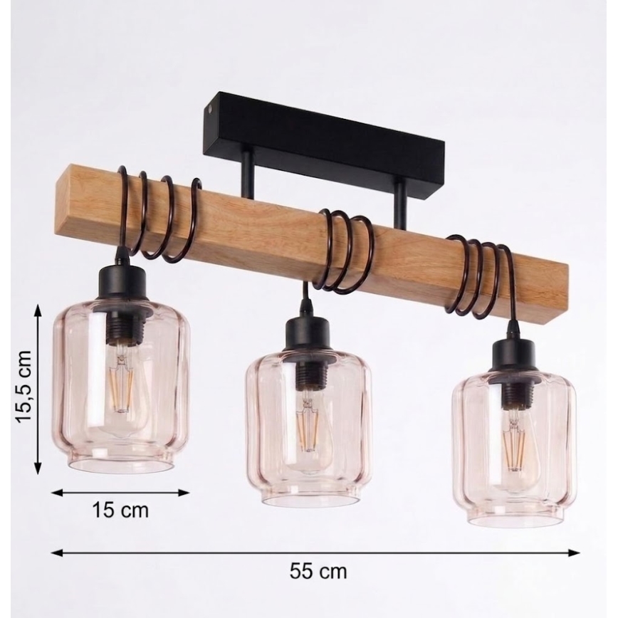 Brilagi - Felületre szerelt csillár WOOD GLASS 3xE27/60W/230V fenyő/fekete/füstös bézs