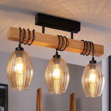 Brilagi - Felületre szerelt csillár WOOD GLASS 3xE27/60W/230V fenyő/fekete/füstös bézs