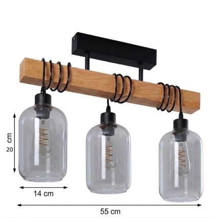 Brilagi - Felületre szerelhető csillár WOOD GLASS 3xE27/60W/230V fenyő/fekete/füstszürke