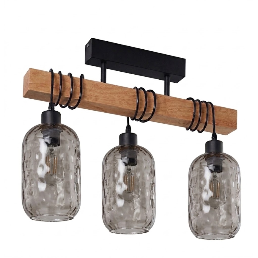 Brilagi - Felületre szerelhető csillár WOOD GLASS 3xE27/60W/230V fenyő/fekete/füstszürke