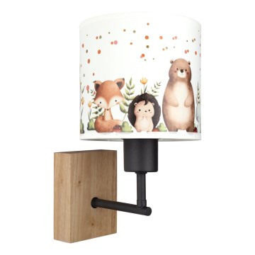 Brilagi - Gyerek fali lámpa BOBO WOOD 1xE27/25W/230V tölgy/fekete/fehér/állatfigurák