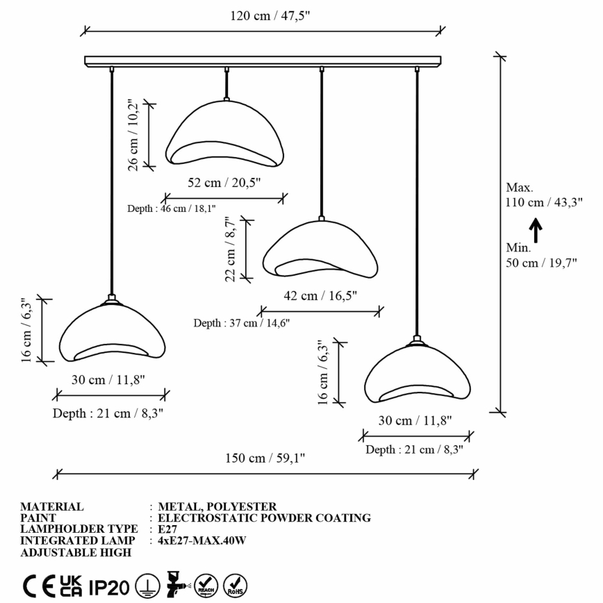 Brilagi - Kábeles csillár WABI SABI 4xE27/40W/230V fehér