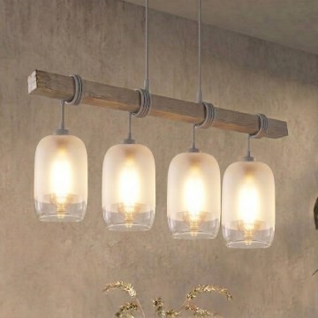 Brilagi - Kábeles csillár WOOD GLASS 4xE27/60W/230V fenyő/szürke/fehér