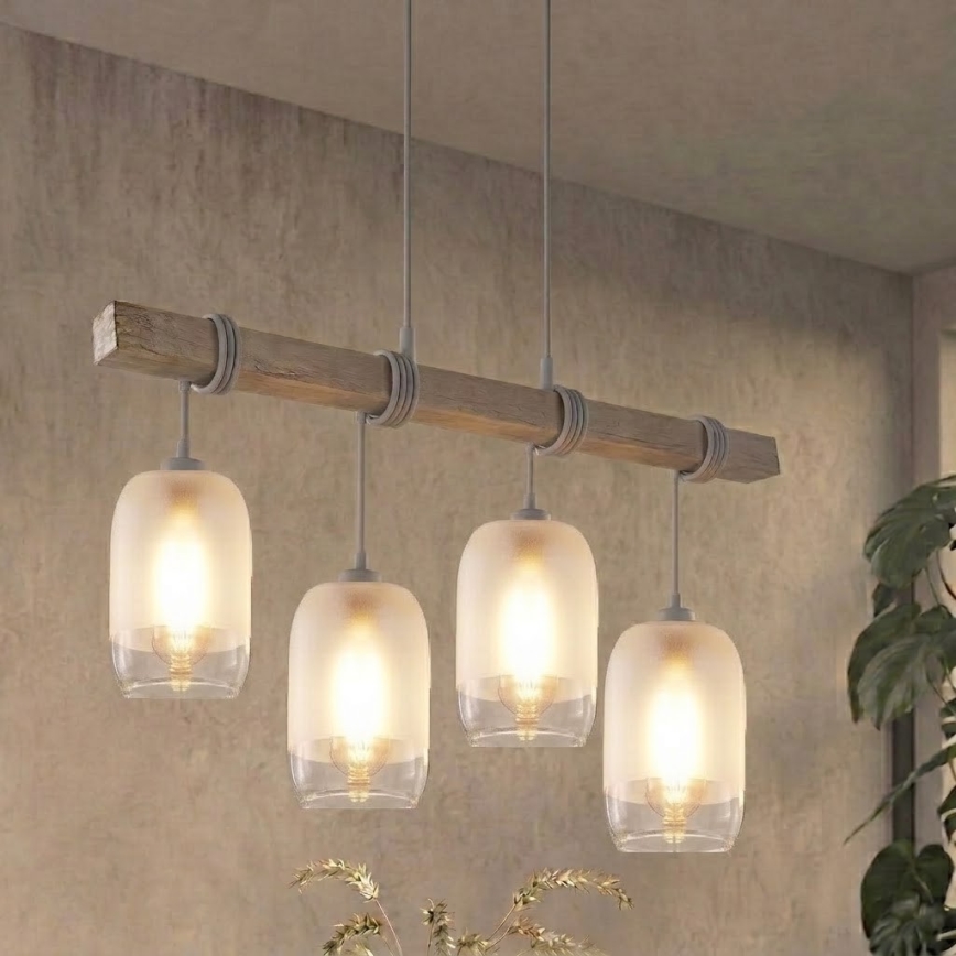 Brilagi - Kábeles csillár WOOD GLASS 4xE27/60W/230V fenyő/szürke/fehér