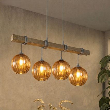 Brilagi - WOOD GLASS kábeles csillár 4xE27/60W/230V fenyő/szürke/füstös barna