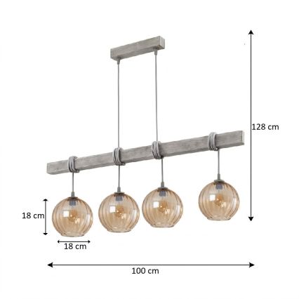 Brilagi - WOOD GLASS kábeles csillár 4xE27/60W/230V fenyő/szürke/füstös barna