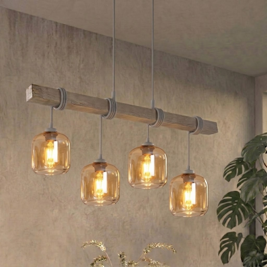Brilagi - Kábeles csillár WOOD GLASS 4xE27/60W/230V fenyő/szürke/füstbarna
