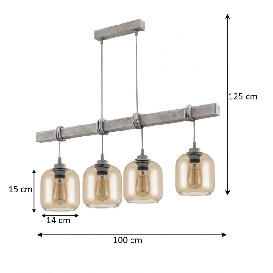 Brilagi - Kábeles csillár WOOD GLASS 4xE27/60W/230V fenyő/szürke/füstbarna