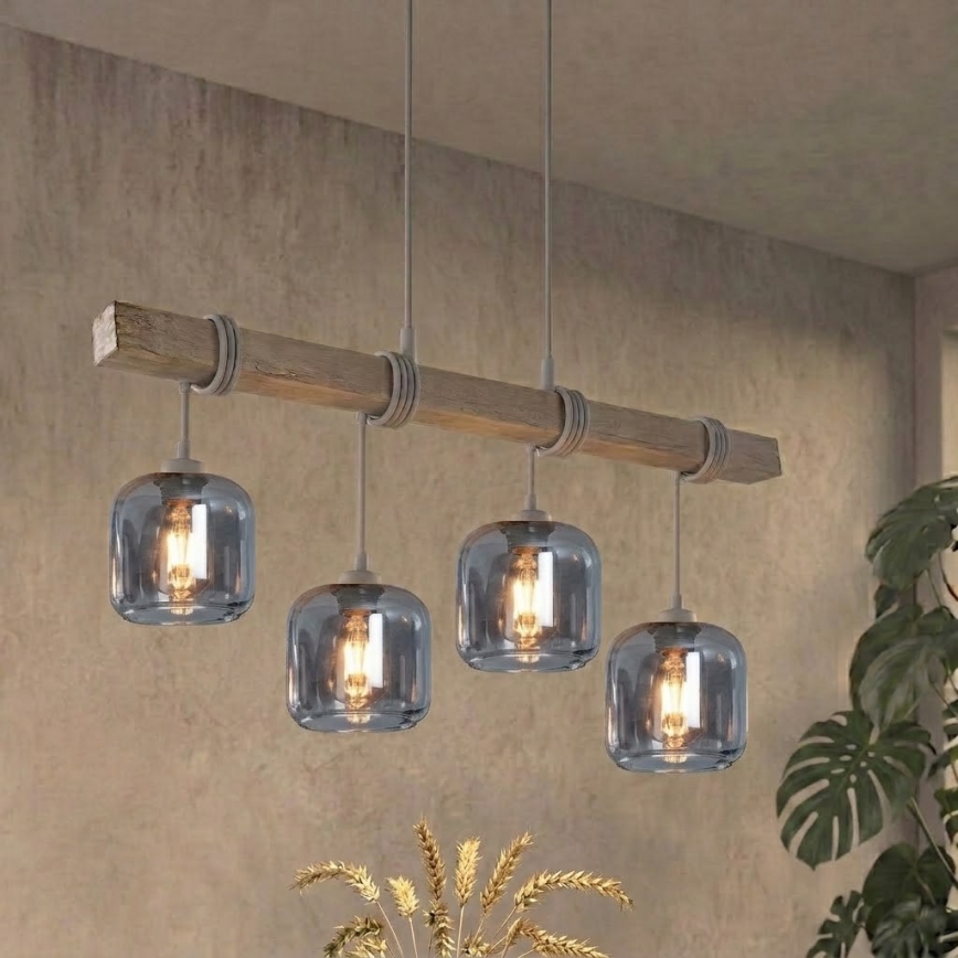 Brilagi - Zsinóros csillár WOOD GLASS 4xE27/60W/230V fenyő/szürke/füstszürke