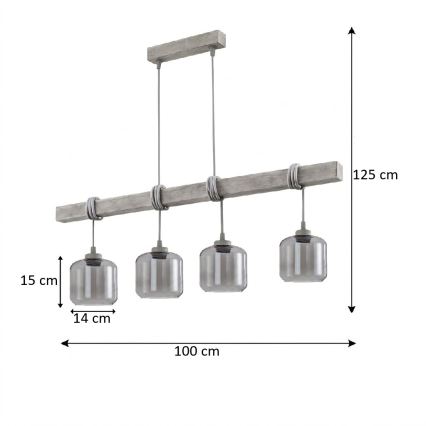 Brilagi - Zsinóros csillár WOOD GLASS 4xE27/60W/230V fenyő/szürke/füstszürke