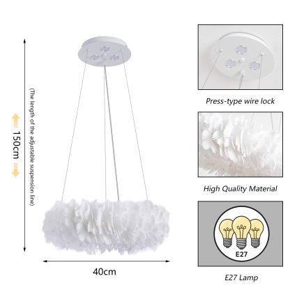 Brilagi - kábeles LED csillár FEATHER 3xE27/40W/230V + 3xLED/3W átm. 40 cm fehér