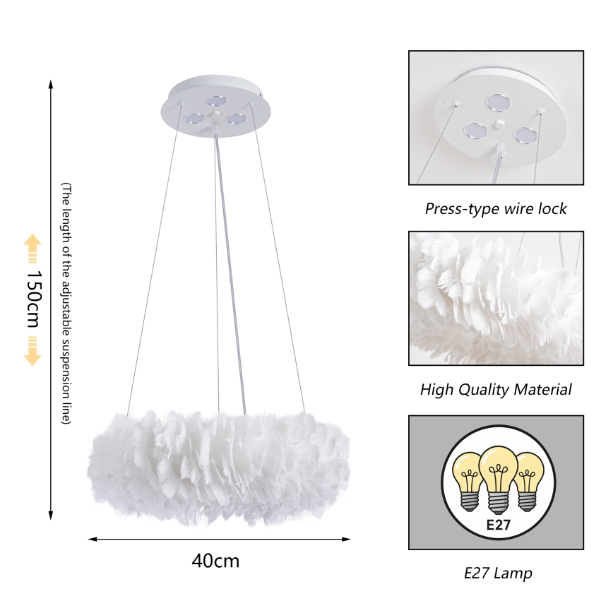 Brilagi - kábeles LED csillár FEATHER 3xE27/40W/230V + 3xLED/3W átm. 40 cm fehér