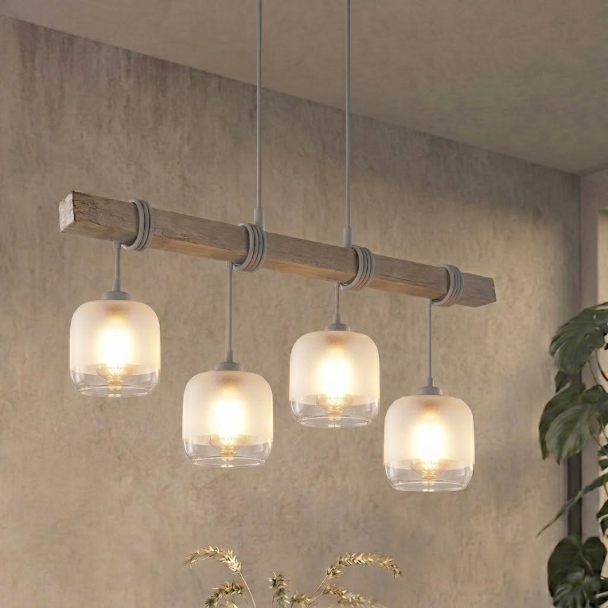 Brilagi - Kábellel függesztett csillár WOOD GLASS 4xE27/60W/230V fenyő/szürke/fehér