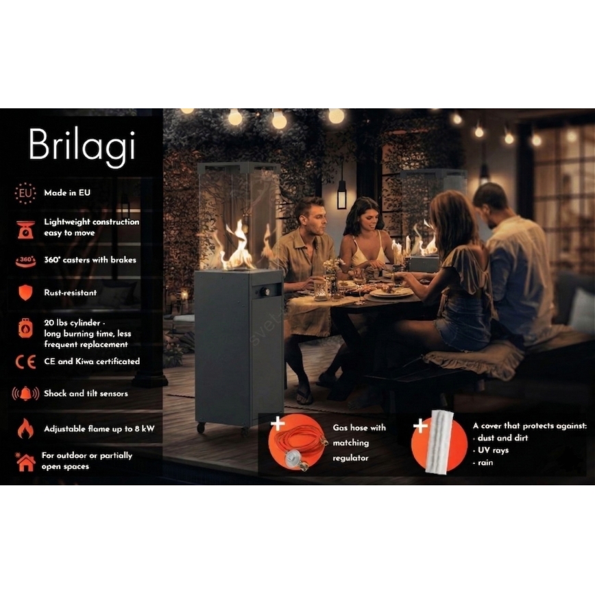 Brilagi - Kültéri gázkandalló FLARO GAS 142x36 cm 8kW 1xAAA antracit + védőhuzat