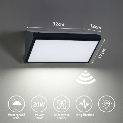 Brilagi - LED kültéri fali lámpa érzékelővel TRIANGLE LED/20W/230V fekete IP65