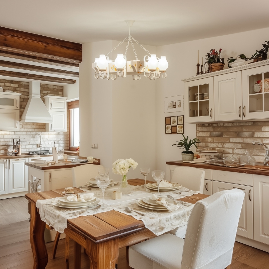 Brilagi - Láncos csillár QUEEN 8xE14/40W/230V bükk/krémszínű