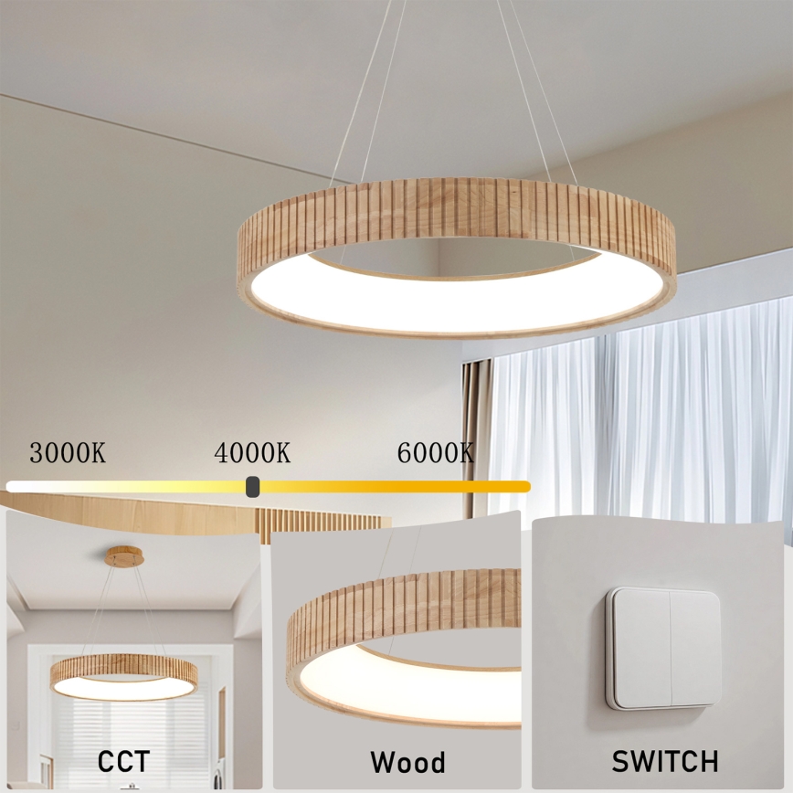 Brilagi - FALCON WOOD modern LED kábeles függeszték, 40 W, 230 V, 3000/4000/6000 K, Ø 60 cm, fa