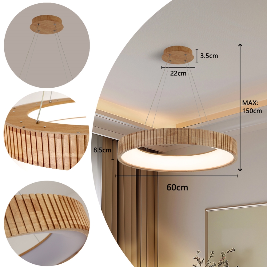 Brilagi - FALCON WOOD modern LED kábeles függeszték, 40 W, 230 V, 3000/4000/6000 K, Ø 60 cm, fa