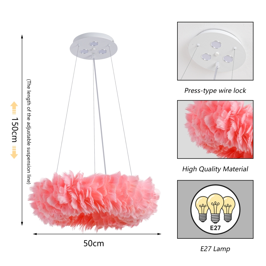 Brilagi - LED csillár zsinóron FEATHER 3xE27/40W/230V + 3xLED/3W, átmérő 50 cm, rózsaszín