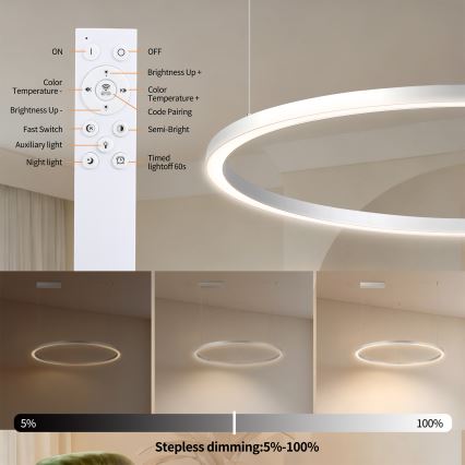 Brilagi - PORTOFINO dimmelhető LED csillár kábelen, LED/60W/230V, 3000–6000K, Ø 80 cm, ezüst, távirányítóval