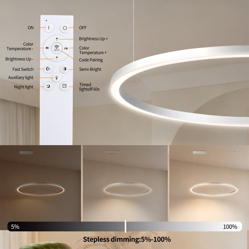 Brilagi - PORTOFINO dimmelhető LED csillár kábelen, LED/60W/230V, 3000–6000K, Ø 80 cm, ezüst, távirányítóval