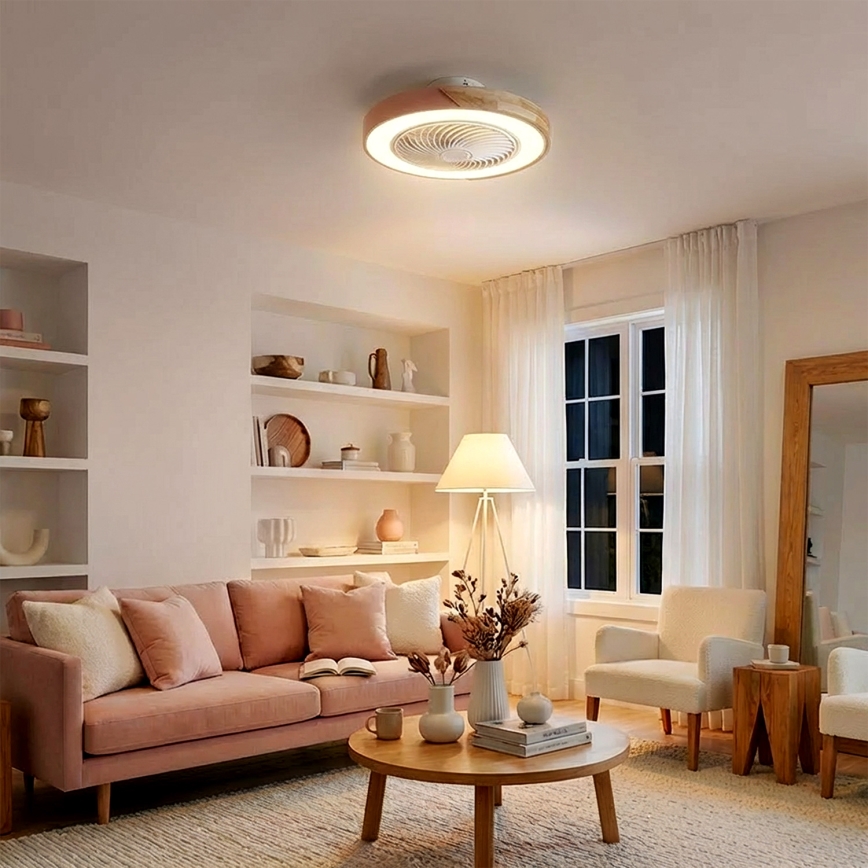 Brilagi - LED fényerőszabályozható mennyezeti lámpa ventilátorral LED/38W/230V 3000-6500K 3000-6500K átm. 50 cm rózsaszín/tölgy + távirányítóval