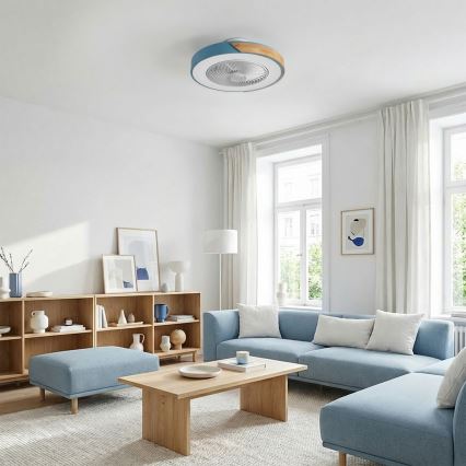 Brilagi - LED fényerőszabályozható mennyezeti lámpatest ventilátorral LED/38W/230V 3000-6500K átm. 50 cm kék/tölgy + távirányítóval