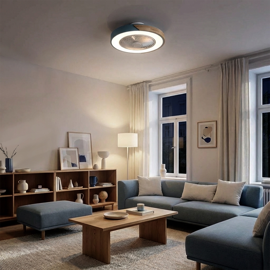 Brilagi - LED fényerőszabályozható mennyezeti lámpatest ventilátorral LED/38W/230V 3000-6500K átm. 50 cm kék/tölgy + távirányítóval