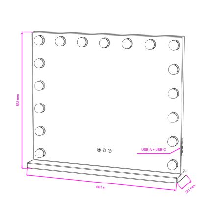 BRILAGI - LED fényerőszabályzós sminktükör HOLLYWOOD LED/15W/230V CCT + 2x USB 60x50 cm fehér