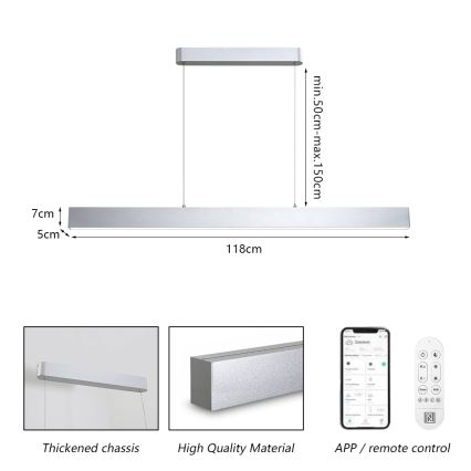 Brilagi - LED Dimmerelhető csillár kábel SLEEKLINE SMART LED/40W/230V 3000-6000K Wi-Fi Tuya ezüst + távirányító