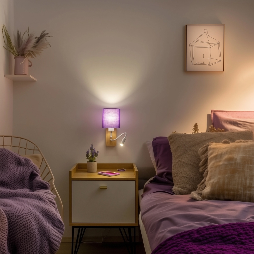 Brilagi - LED Rugalmas fali lámpa NUBILA WOOD 1xE27/25W/230V + LED/3W tölgy/lila