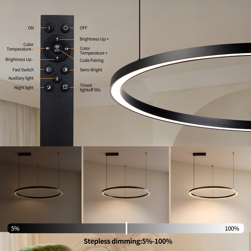 Brilagi - PORTOFINO fényerőszabályozható LED függeszték kábelre LED/60W/230V 3000-6000K átm. 80 cm fekete + távirányítóval