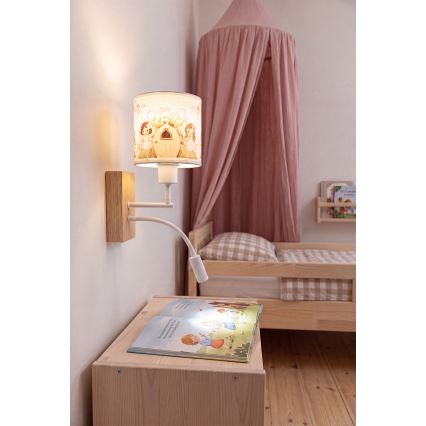 Brilagi - LED gyermek hajlítható fali lámpa BOBO WOOD 1xE27/25W/230V + LED/3W tölgy/fehér/rózsaszín/tündérmintás