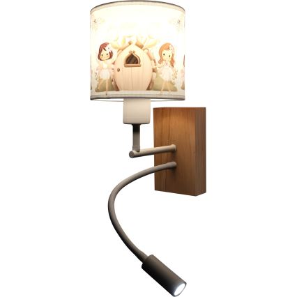 Brilagi - LED gyermek hajlítható fali lámpa BOBO WOOD 1xE27/25W/230V + LED/3W tölgy/fehér/rózsaszín/tündérmintás
