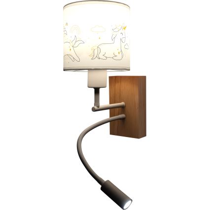 Brilagi - LED gyermek hajlítható fali lámpa BOBO WOOD 1xE27/25W/230V + LED/3W tölgy/fehér/unikornisok