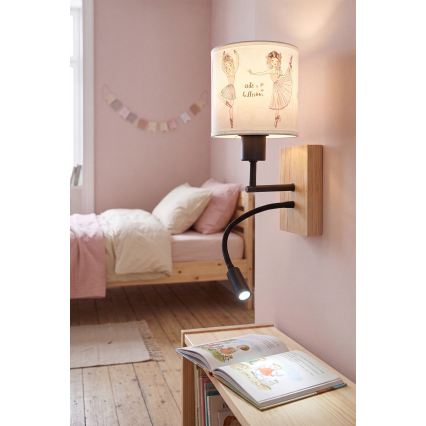 Brilagi - LED gyermek hajlítható fali lámpa BOBO WOOD 1xE27/25W/230V + LED/3W tölgy/fekete/fehér/rózsaszín/balettmintás