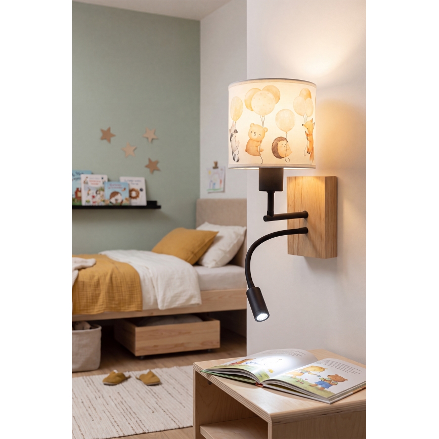 Brilagi - LED gyerek hajlékony fali lámpa BOBO WOOD 1xE27/25W/230V + LED/3W tölgy/fekete/fehér/állatmintás