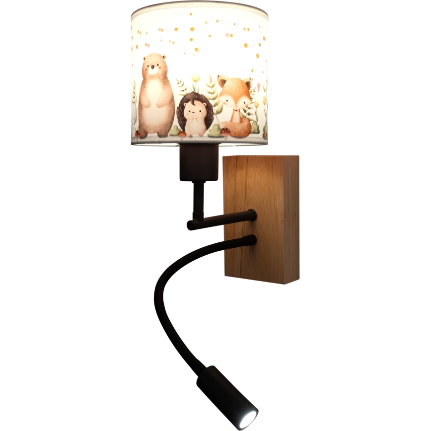 Brilagi - LED gyermek hajlítható fali lámpa BOBO WOOD 1xE27/25W/230V + LED/3W tölgy/fekete/fehér/állatmintás