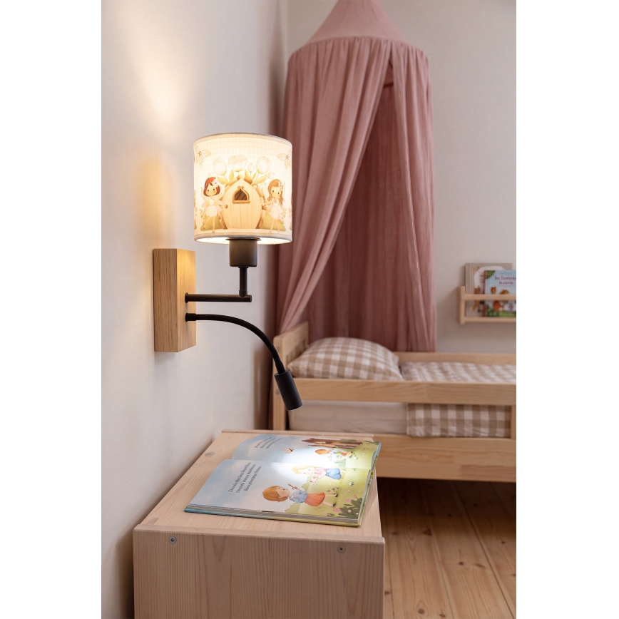 BRILAGI - LED gyermek állítható fali lámpa BOBO WOOD 1xE27/25W/230V + LED/3W tölgy/fekete/fehér/rózsaszín/tündérmintás