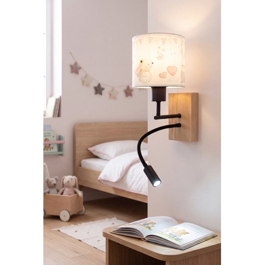 Brilagi - LED-es gyermek állítható fali lámpa BOBO WOOD 1xE27/25W/230V + LED/3W tölgy/fekete/krémszínű/nyuszik