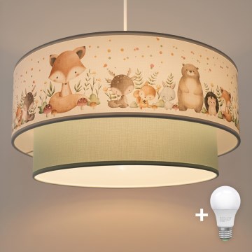 Brilagi- LED gyermek függeszték zsinóron BOBO 1xE27/60W/230V átmérő: 40 cm fehér/zöld/állatmintás