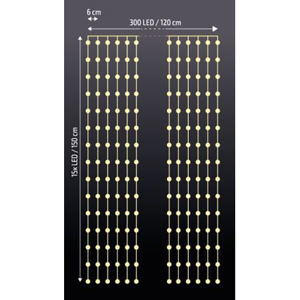 Brilagi - LED karácsonyi fényfüggöny 300xLED/8 funkció/3xAA/USB 1,2 m meleg fehér