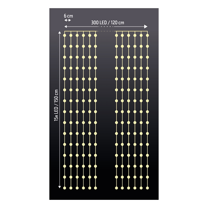 Brilagi - LED karácsonyi fényfüggöny 300xLED/8 funkció/3xAA/USB 1,2 m meleg fehér