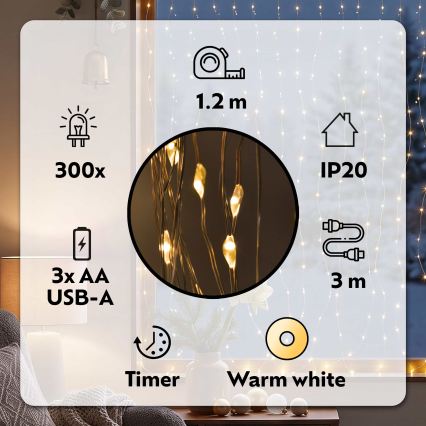 BRILAGI - LED karácsonyi fényfüggöny 300xLED/8 funkció/3xAA/USB 1,2 m meleg fehér