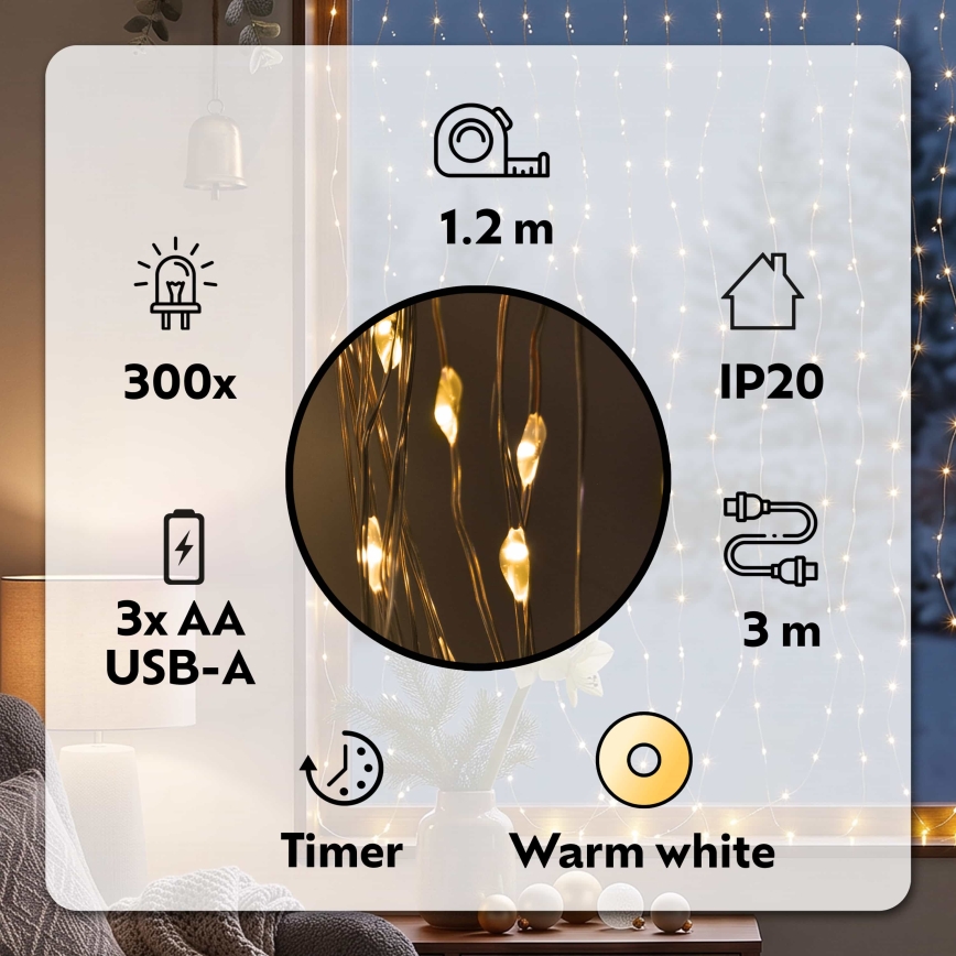 BRILAGI - LED karácsonyi fényfüggöny 300xLED/8 funkció/3xAA/USB 1,2 m meleg fehér