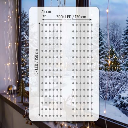 BRILAGI - LED karácsonyi fényfüggöny 300xLED/8 funkció/3xAA/USB 1,2 m meleg fehér